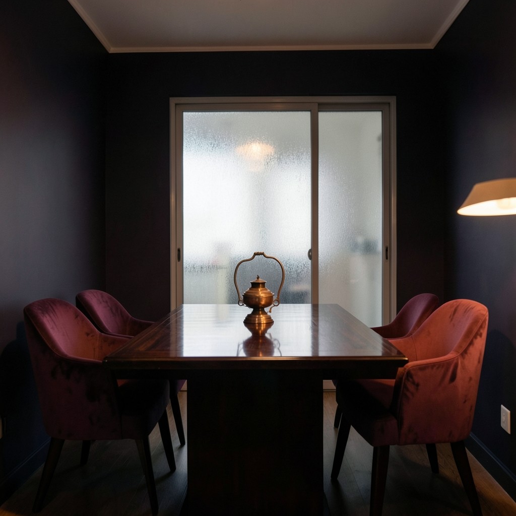 A quiet meeting room with a lacquered wood table, velvet chairs, and a copper lamp
