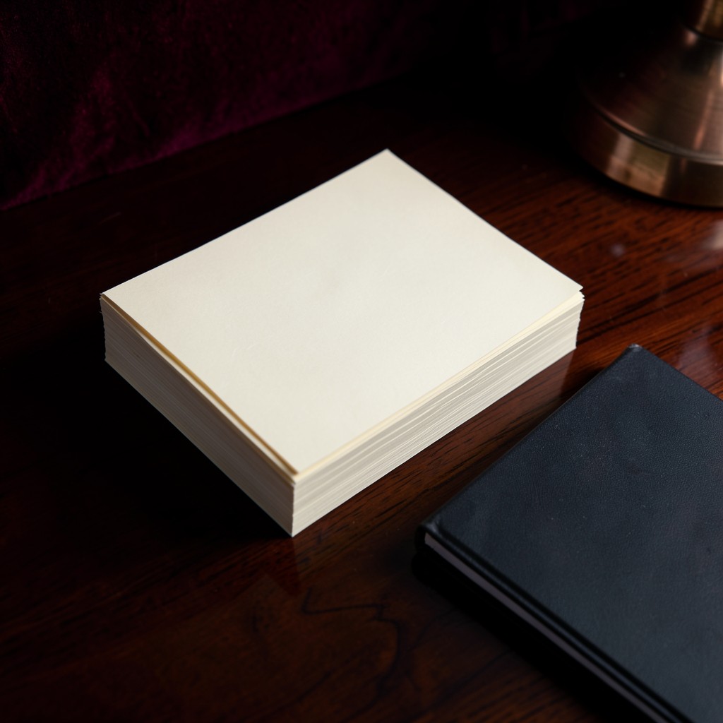 Cream papers and a closed bank-book-sized notebook stacked on dark lacquered wood under a copper lamp