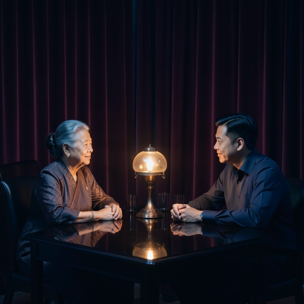 An older woman and a younger man seated at a dark wood table in lamplight, talking quietly