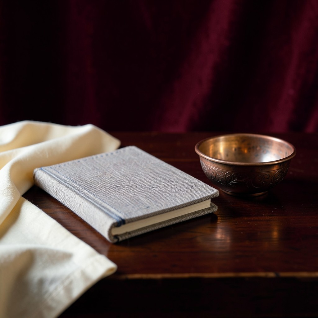 A closed cloth notebook and a small copper bowl on dark wood, with soft window light