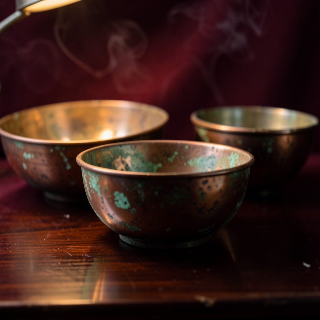 Three copper bowls on a lacquered table, one slightly forward of the others, in warm low light