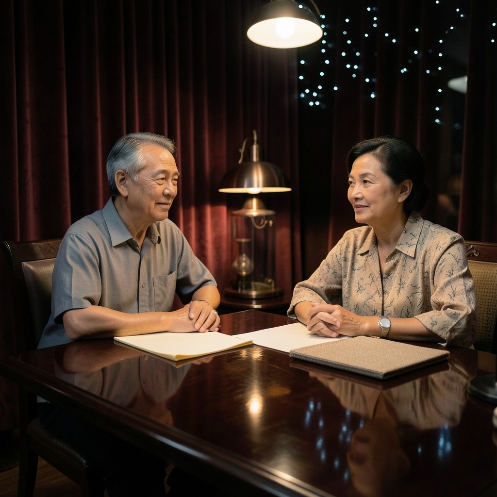 Two adults seated at a dark lacquered table with papers, lit by a copper lamp against burgundy velvet