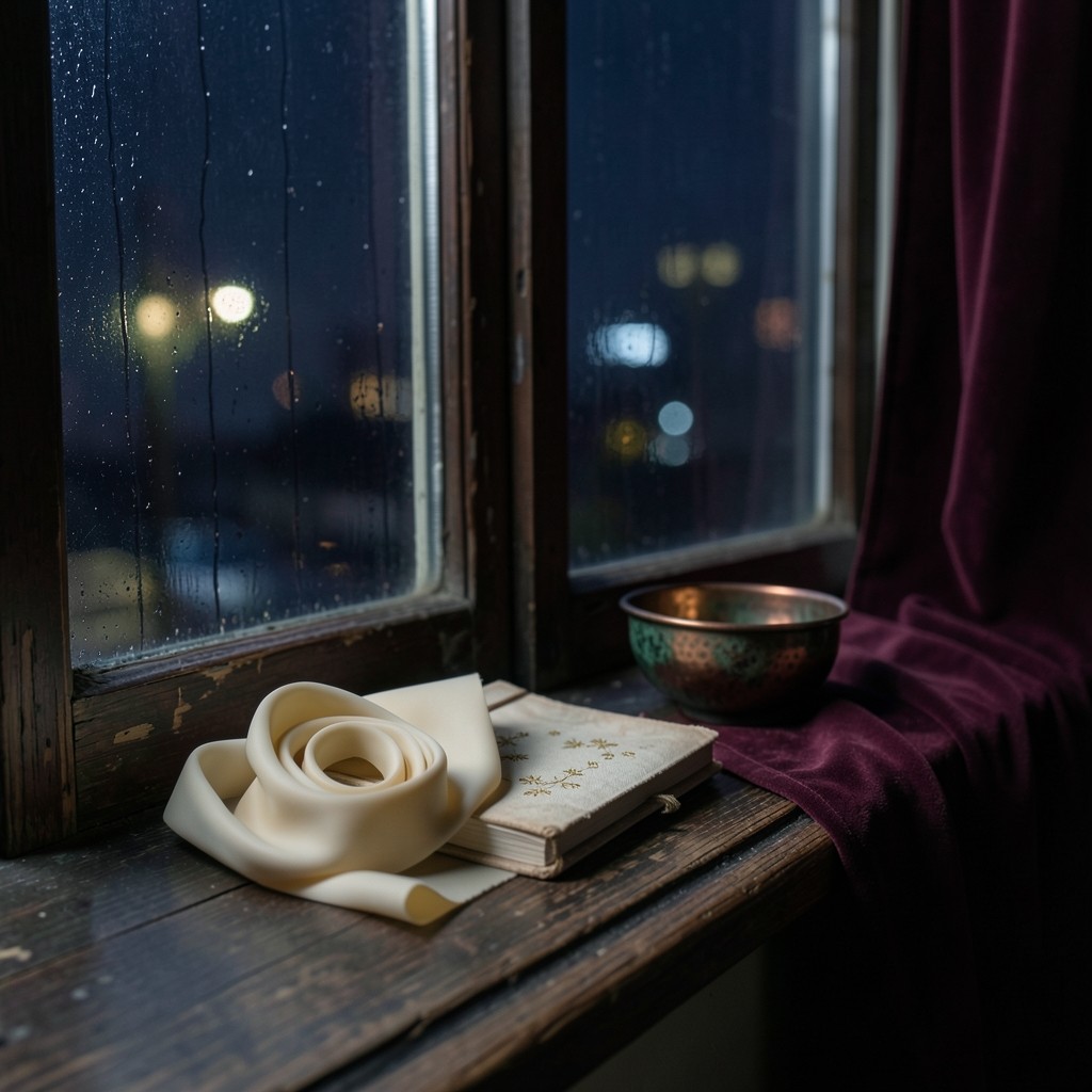 A coil of pale rubber sheet, a closed notebook, and a copper bowl on a rainy windowsill