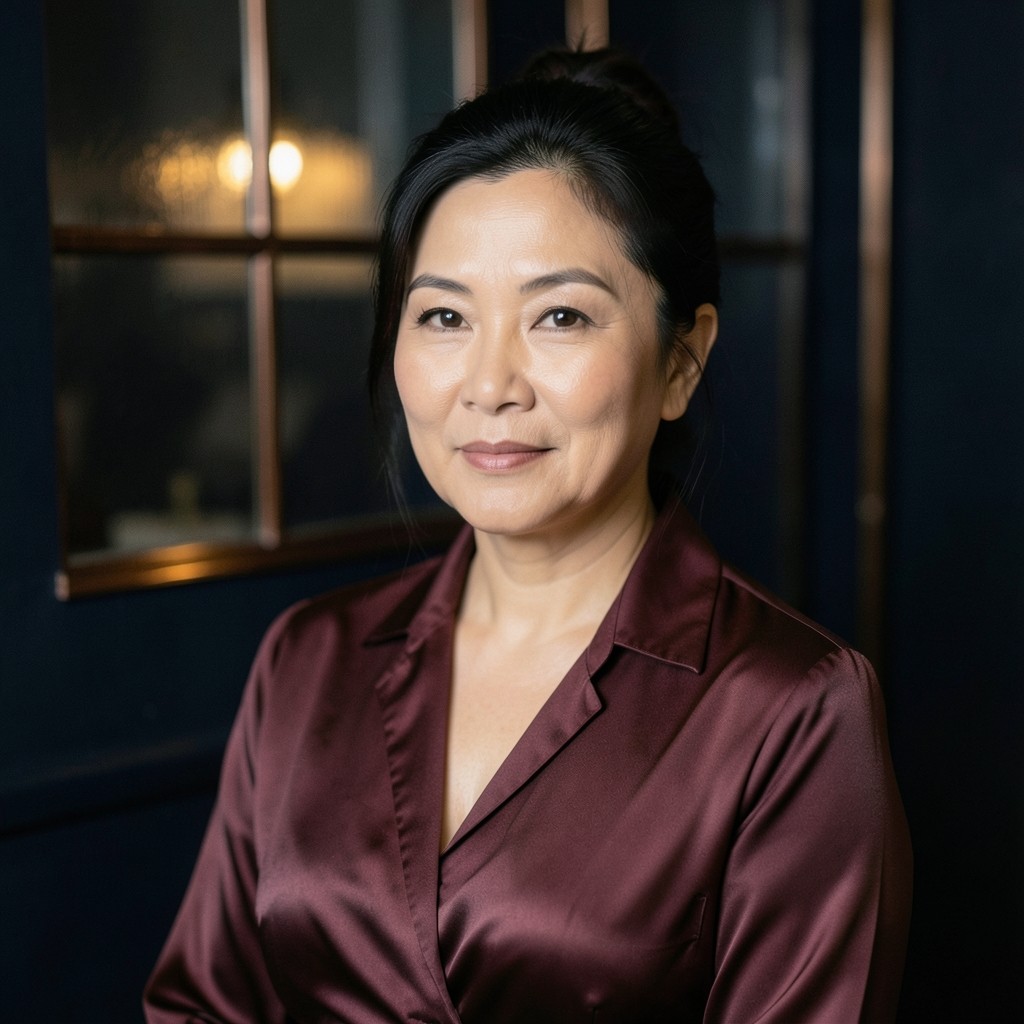 Portrait of a Thai woman in her forties wearing a burgundy blouse, seated in a dim room