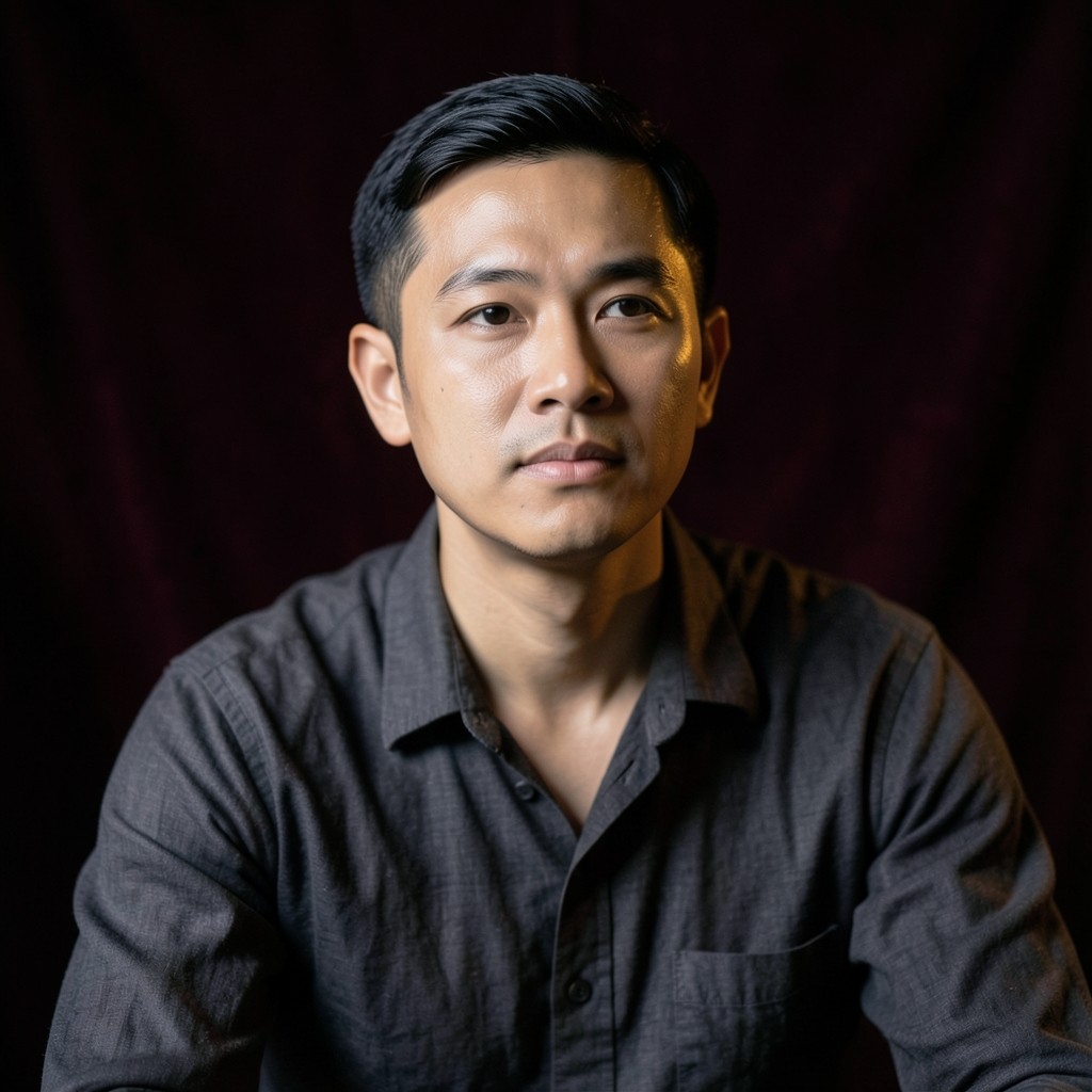 Portrait of a Thai man in his thirties in a dark shirt, with warm copper rim light
