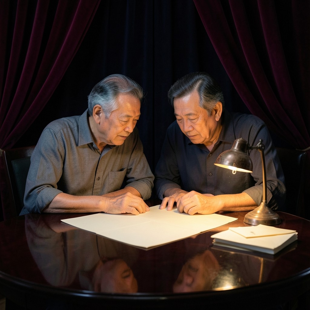 Two adults at a dark wood table with cream papers and a copper lamp, burgundy curtains behind them
