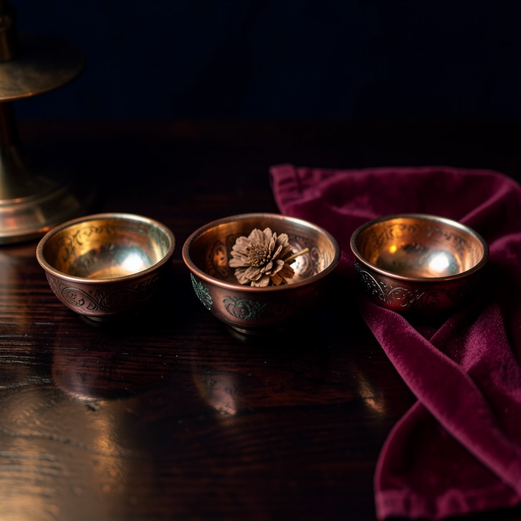 Three small copper bowls in a row on dark lacquered wood, with burgundy cloth and a warm lamp