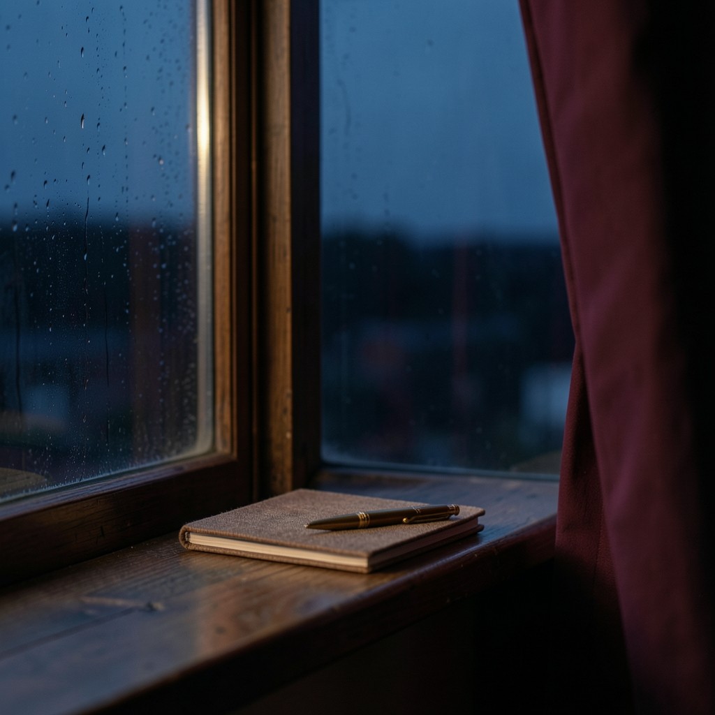 A smoked-glass window at dusk with rain on the pane and a closed notebook on a dark wood sill
