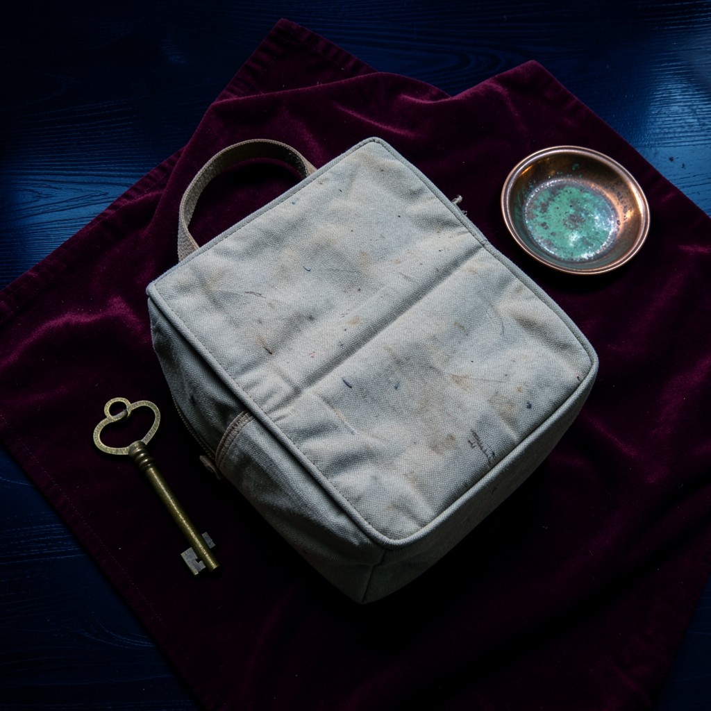 A cloth school bag and a house key resting on burgundy velvet beside a copper dish
